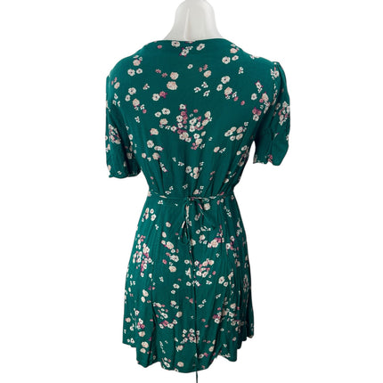 Minkpink Green Short Sleeve Floral Smocked V Neck A Line Mini Wrap Dress Size M