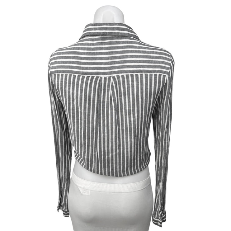 Dress Forum Gray Striped Tie Knot Button Up Long Sleeve Crop Shirt Blouse Top S