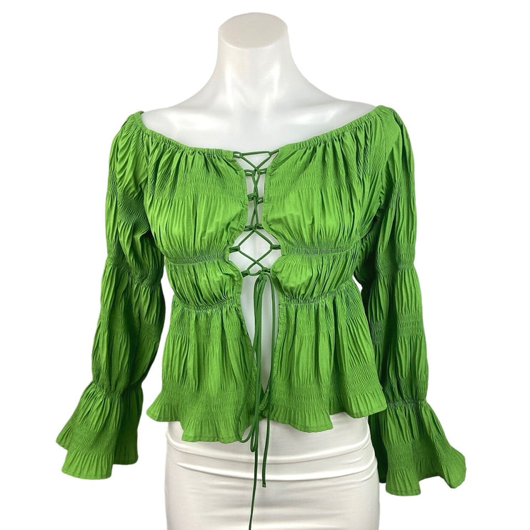 Shein Green Pleated Lace Up Long Sleeve Smocked Tiered Boat Neck Blouse Top Sz L