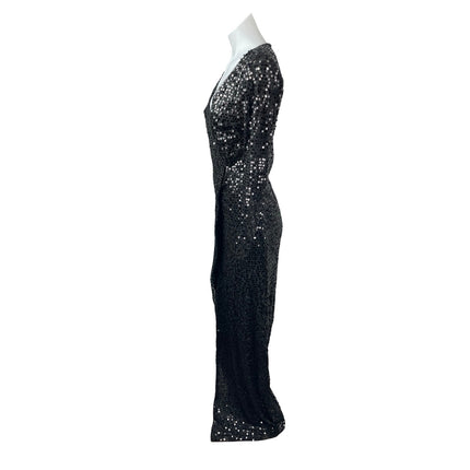 Women's Black Sequin Sparkly Long Sleeve V Neck Evening Gown Maxi Dress Size S/M