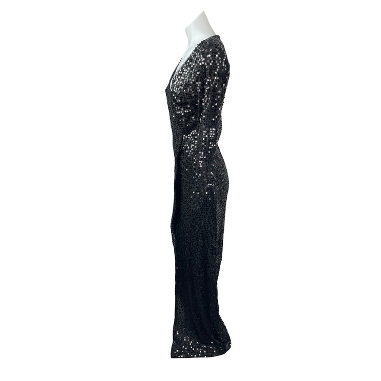 Women's Black Sequin Sparkly Long Sleeve V Neck Evening Gown Maxi Dress Size S/M