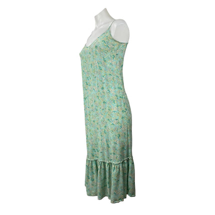 O'Neill Green Floral Sleeveless Drop Waist Ruffle Pleated Tank Midi Dress Sz XS