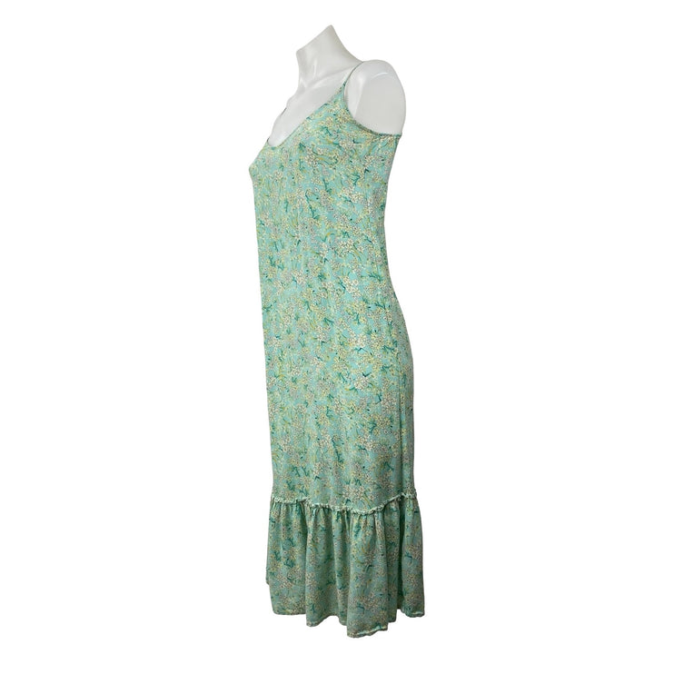 O'Neill Green Floral Sleeveless Drop Waist Ruffle Pleated Tank Midi Dress Sz XS