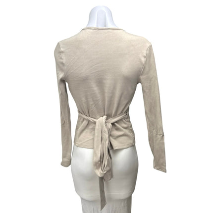 Udel NY Women's Beige Ribbed V-Neck Tie Waist Long Sleeve Wrap Blouse Top Sz XS