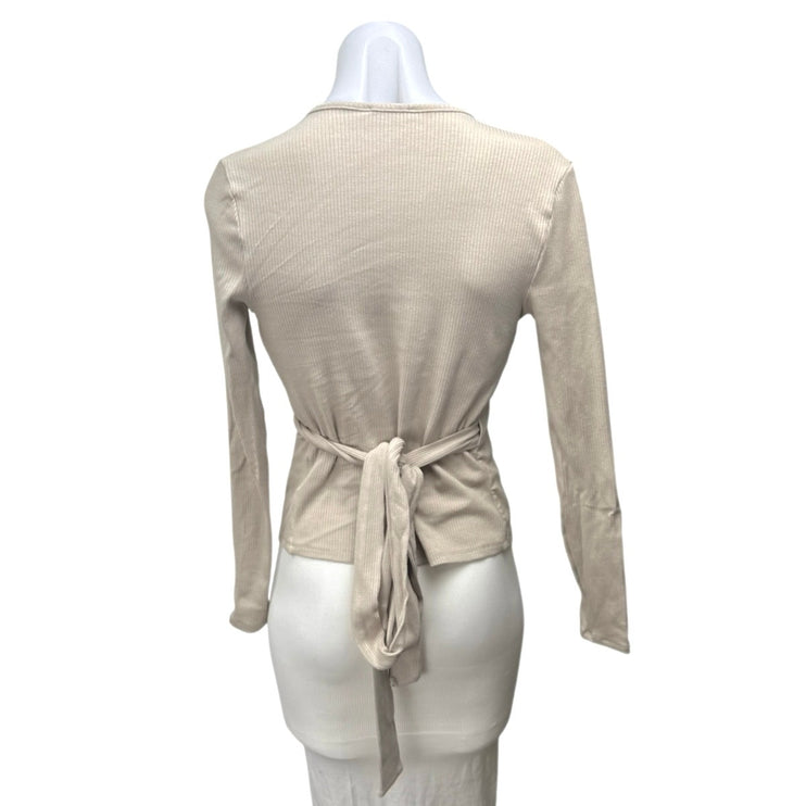 Udel NY Women's Beige Ribbed V-Neck Tie Waist Long Sleeve Wrap Blouse Top Sz XS
