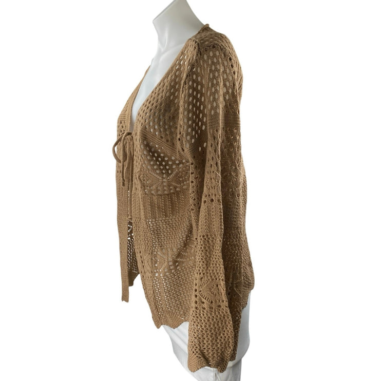 Women's Tan Knit Crochet Long Sleeve Tie Knot V Neck Cardigan Sweater Top Size L