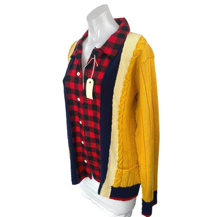 Upcycled Handmade Women's Yellow Red Plaid Flannel Shirt Cardigan Sweater Top OS