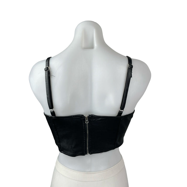 Kirious Black Faux Leather Vegan Corset Bustier Sleeveless Tank Crop Top Size M