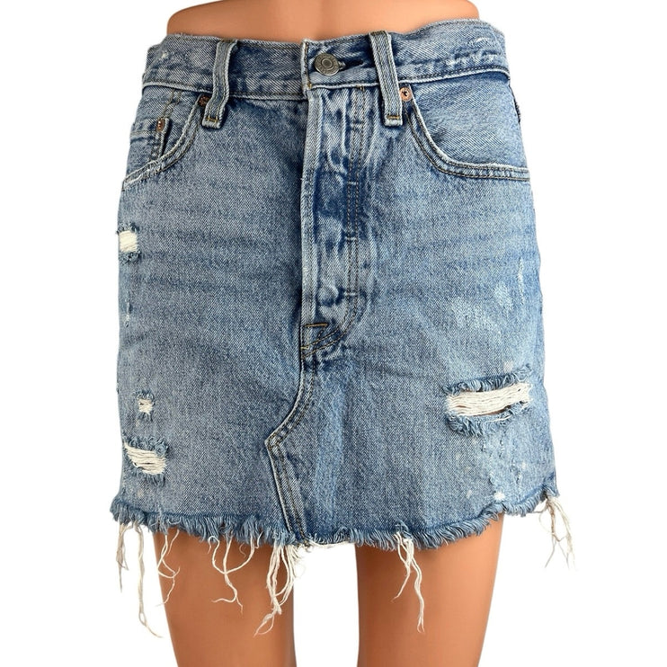 Levi's Blue Light Wash Distressed Cut Off High Waisted Denim Jean Skirt Size 25