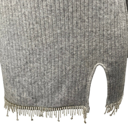 Zara Gray Rib Knit Jeweled Rhinestone Fringe Long Sleeve Mini Bodycon Dress Sz M