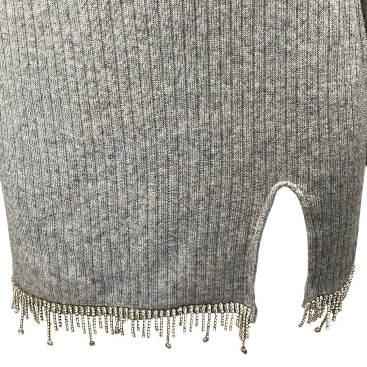 Zara Gray Rib Knit Jeweled Rhinestone Fringe Long Sleeve Mini Bodycon Dress Sz M
