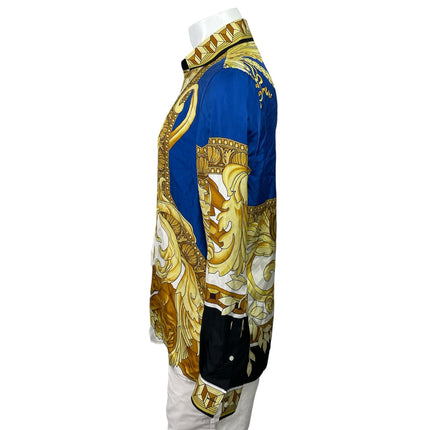 NEW Versace 100% Silk Blue Gold Renaissance Baroque Print Long Sleeve Shirt 48