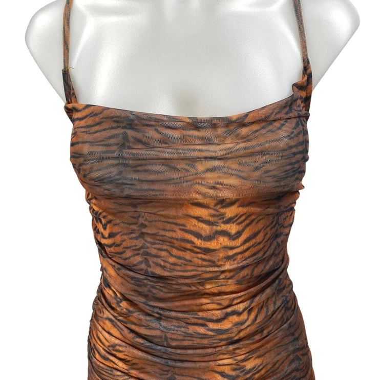 Polly Black Brown Tiger Animal Print Sleeveless Cami Tank Mini Bodycon Dress 2