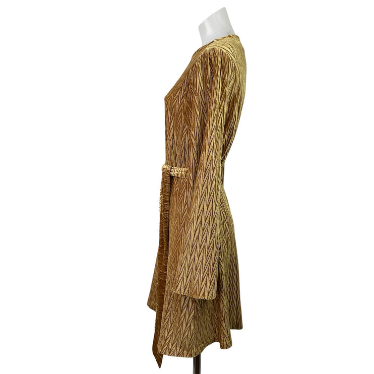 NEW Dress Forum Gold Velvet Velour Chevron Long Sleeve Tie A Line Mini Dress M