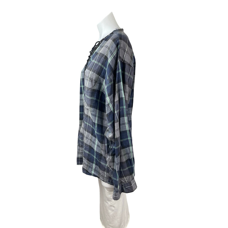 Furst of a Kind Plaid Check Flannel Long Sleeve V Neck Lace Up Shirt Top Sz L/XL