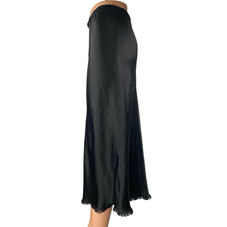 Pharaoh Riley Black Silky Satin Fringe Elastic Waist Pull On Midi A-Line Skirt 1