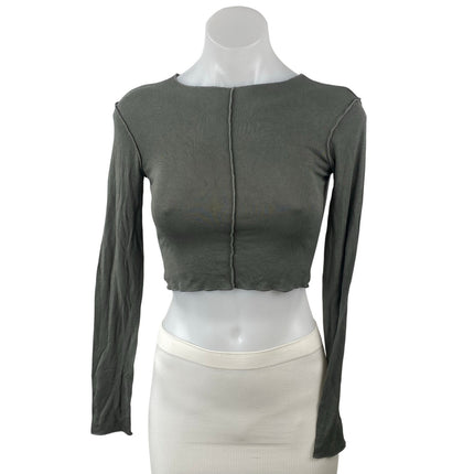 Zara Women's Green Expose Seam Crew Neck Long Sleeve Slim Crop T-Shirt Top Sz S