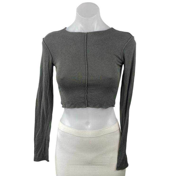 Zara Women's Green Expose Seam Crew Neck Long Sleeve Slim Crop T-Shirt Top Sz S