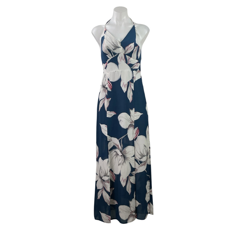 Dynamite Blue White Floral Sleeveless Halter Neck Maxi Summer Beach Dress Sz XS