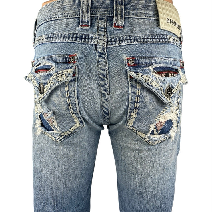 Affliction Buckle Blake Men's Blue Distressed Slim Straight Denim Jeans Size 30L