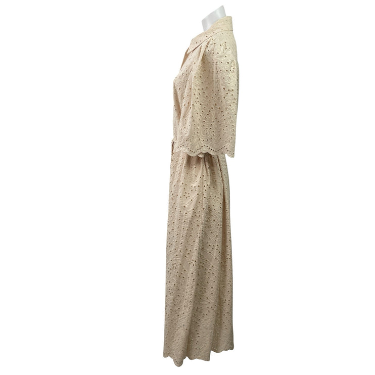 H&M Cream Eyelet Short Puff Sleeve Collared Button Dowm Maxi Shirt Dress Size M
