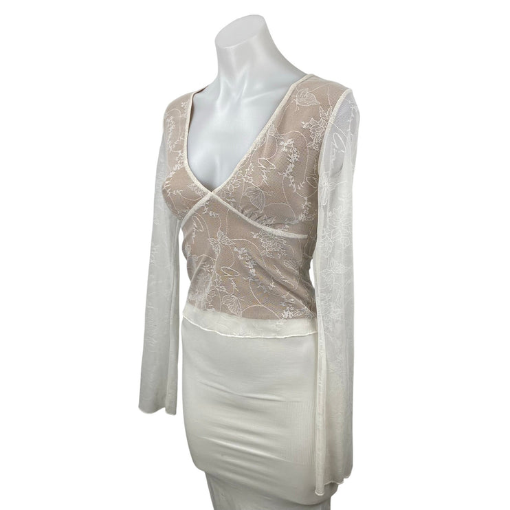 I.AM.GIA Yvette White Beige Floral Lace Layered Long Sleeve V Neck Blouse Top S