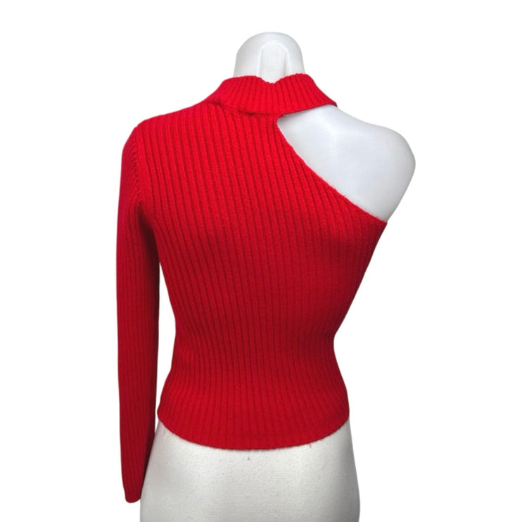 Naf Naf Red One Shoulder Long Sleeve Mock Neck Rib Knit Crop Sweater Top Size L