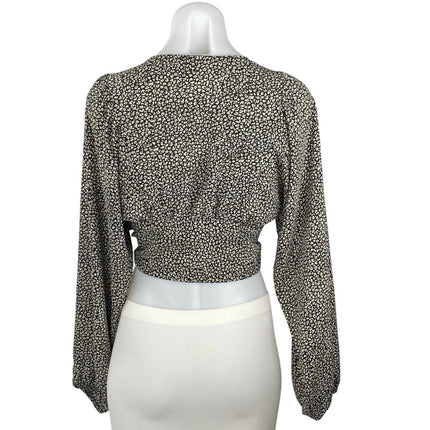 Princess Polly Black Leopard Print Long Sleeve Tie Front Crop Blouse Top Size 4