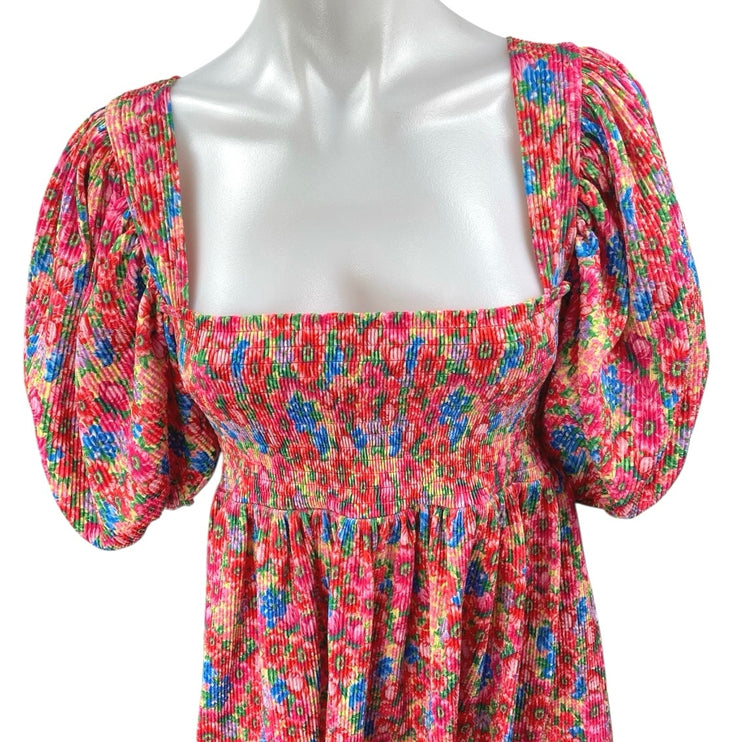 Zara Multicolor Floral Puff Sleeve Smocked Square Neck Mini Fit & Flare Dress L