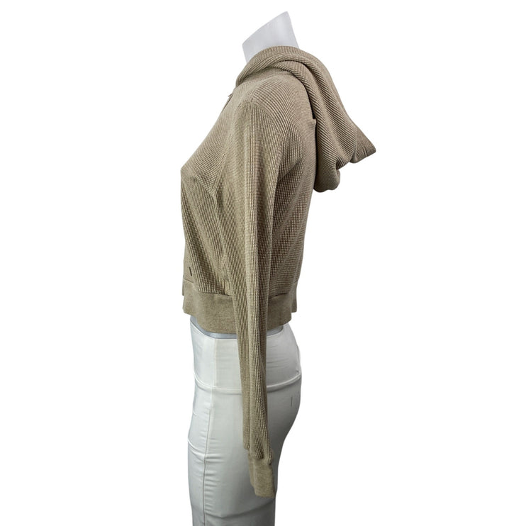 Aritzia TNA Tan Waffle Knit Thermal Full Zip Cropped Hoodie Hooded Sweatshirt S