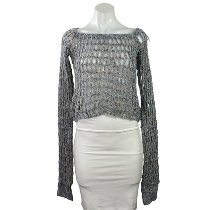Women's Gray Sheer Open Knit Fishnet Boat Neck Long Sleeve Crop Sweater Top M