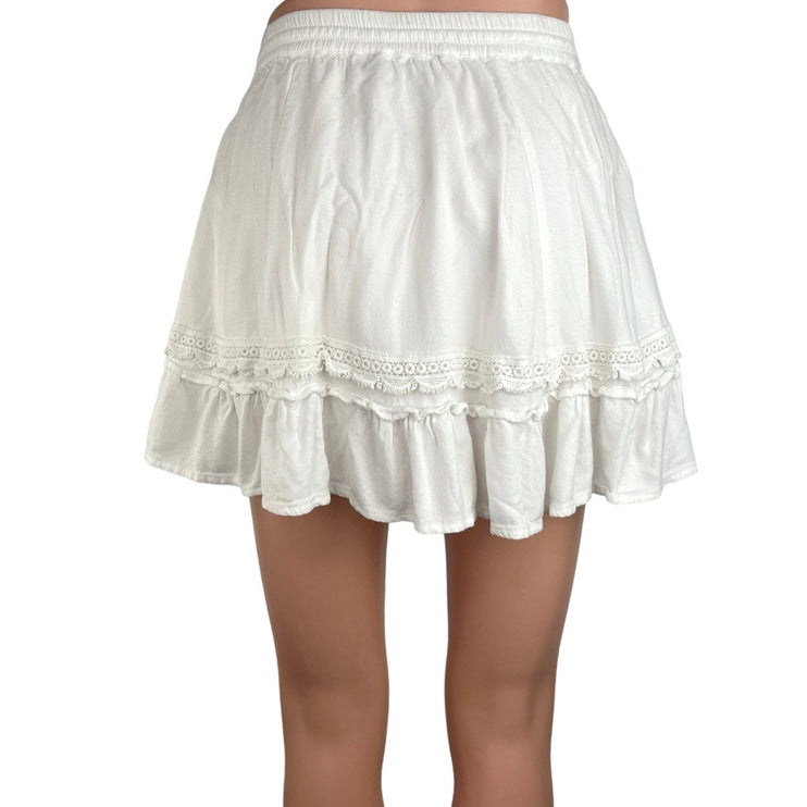 Kivari White HIgh Waisted Tasseled Lace Ruffle A Line Mini Skirt Size XXS