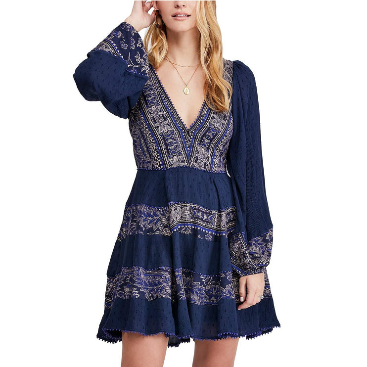 Free People My Love Blue Floral Boho Long Balloon Sleeve A Line Mini Dress Sz L