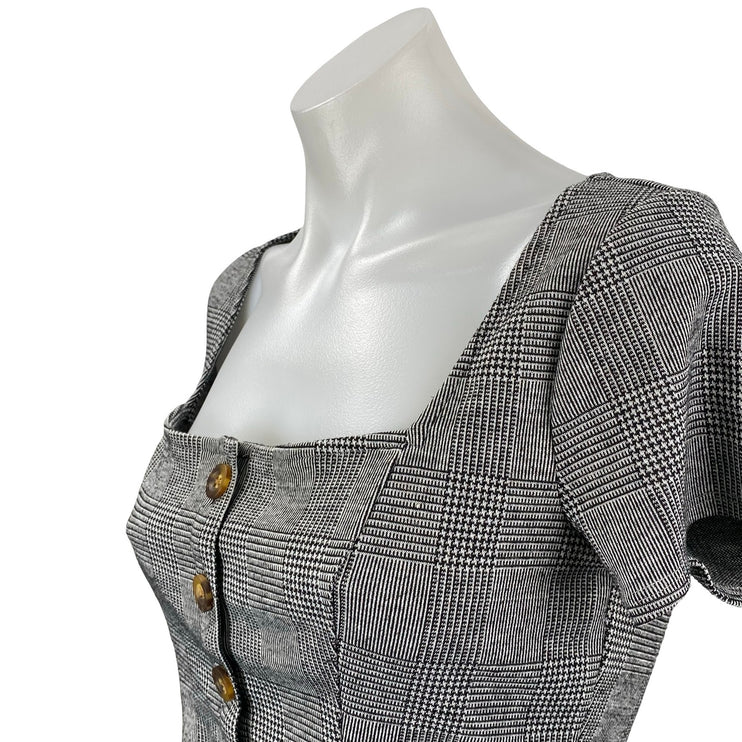 Hollister Women's Gray Plaid Short Sleeve Square Neck Button Up Crop Top Size S