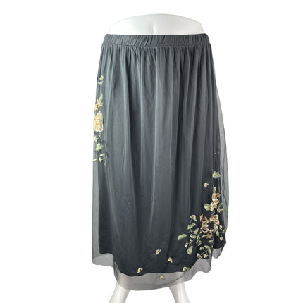 Coldwater Creek Women Gray Mesh Floral Embroidered Pleated Midi Full Skirt Sz 3X