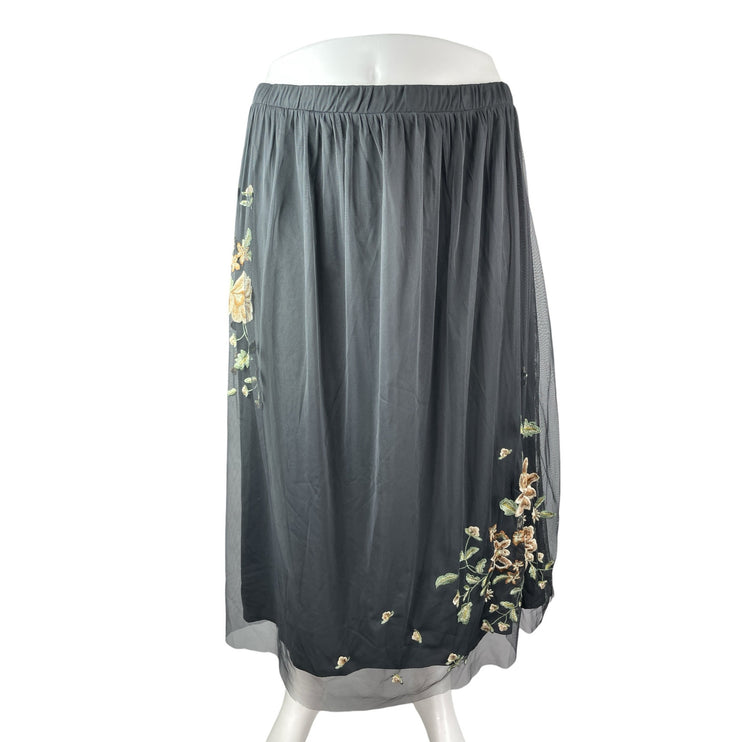 Coldwater Creek Women Gray Mesh Floral Embroidered Pleated Midi Full Skirt Sz 3X