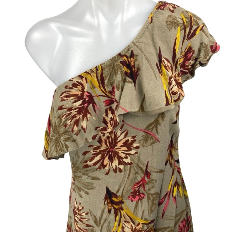 ASTR The Label Beige Floral One Shoulder Ruffle Tropical A Line Mini Dress Sz M