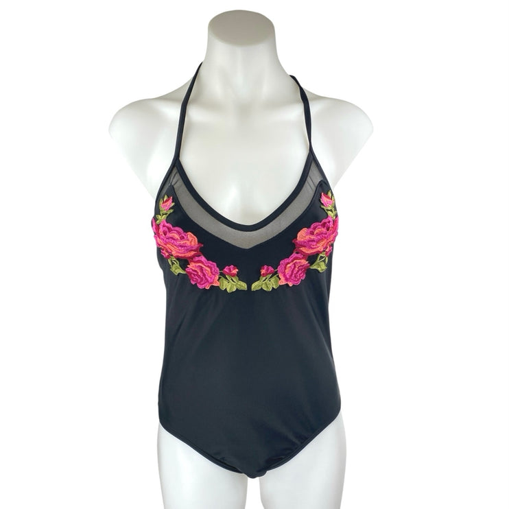 Xhilaration Black Floral Embroidered Mesh Strappy One Piece Swimsuit Swimwear M