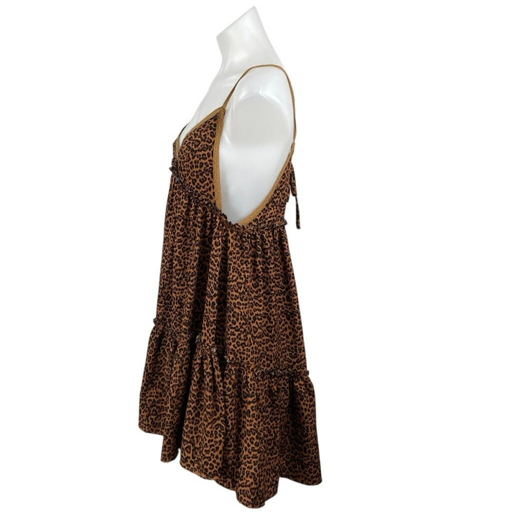 Vestique Brown Leopard Animal Print Sleeveless Tiered Swing A Line Mini Dress S