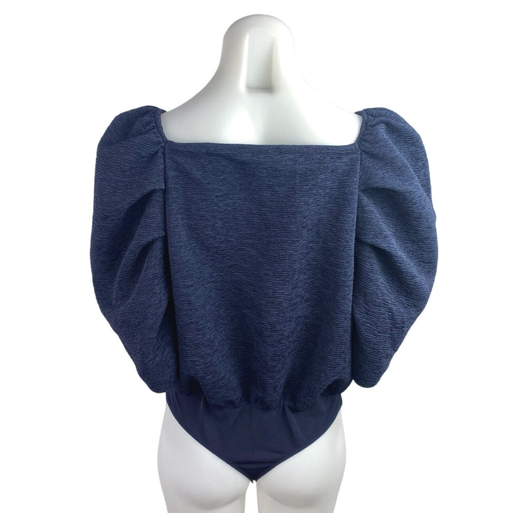 Express Women's Blue Short Puff Sleeve V-Neck Wrap Bodysuit Blouse Top Size M