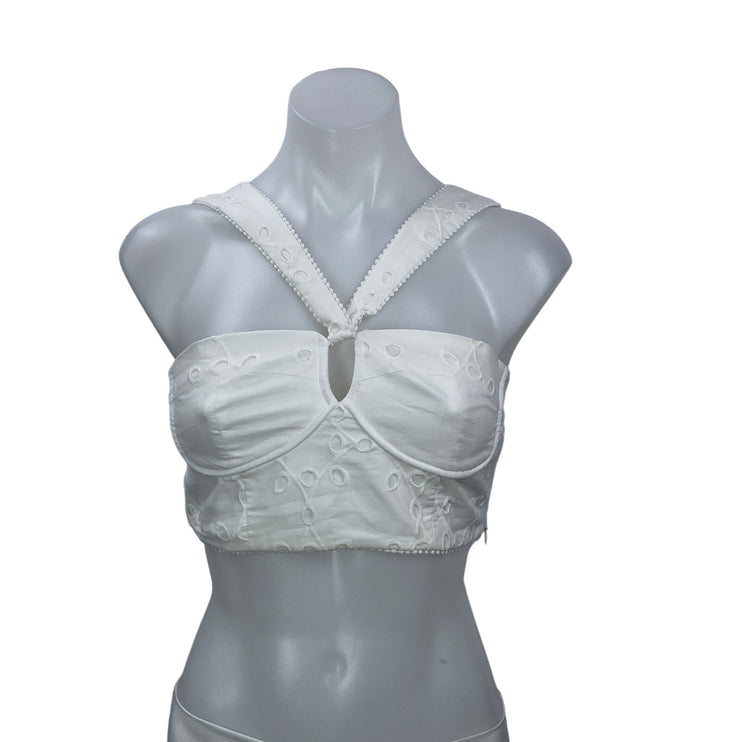 Zara Women's White Embroidered Bustier Cutout Smocked Sleeveless Crop Top Size S