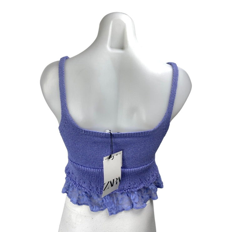 NEW Zara Purple Ruffle Lace Sleeveless Cami Square Neck Peplum Tank Crop Top S