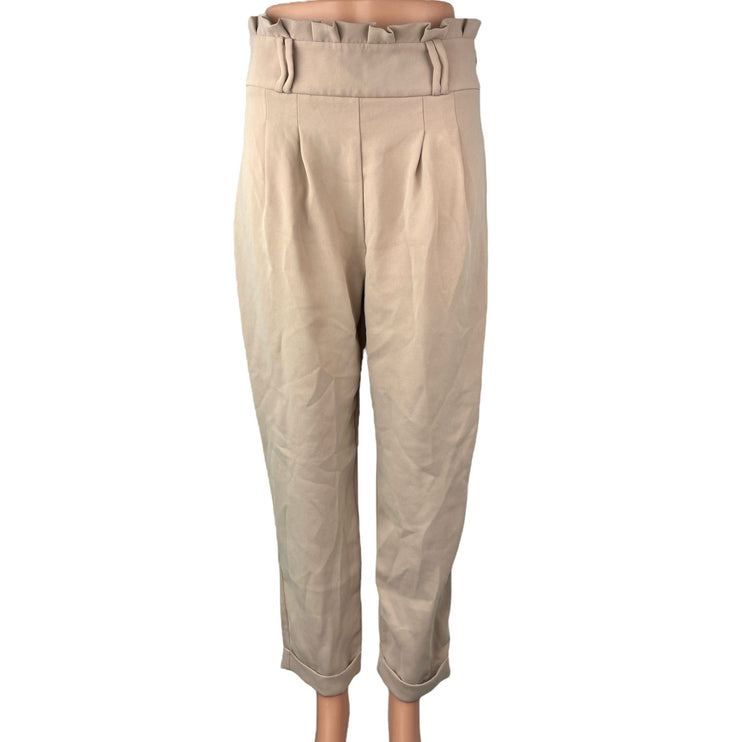 Zara Cream Beige Pleated Cuffed Tapered Leg Paperbag Crop Ankle Trousers Pants M