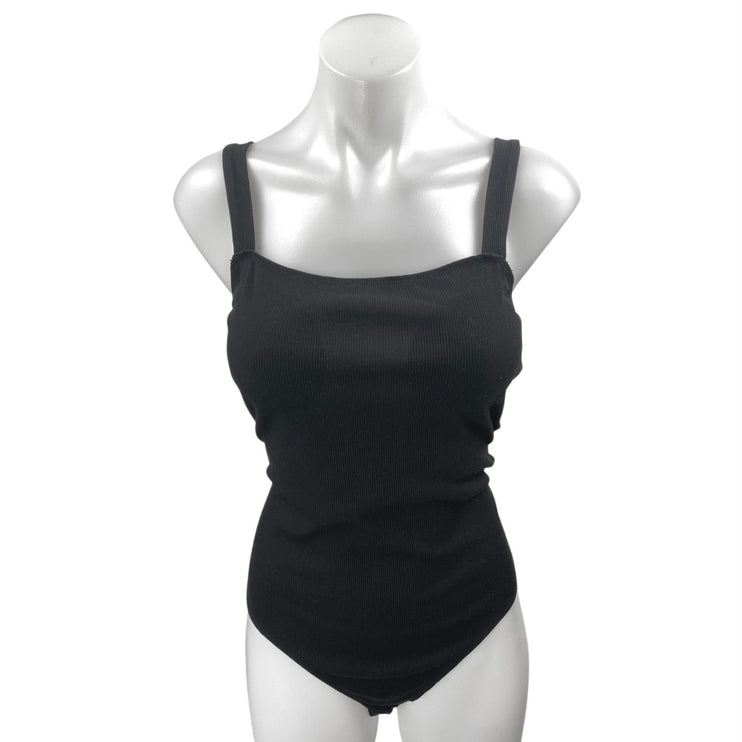 Le Lis Black Sleeveless Ribbed Knit Square Neck Cutout Tank Bodysuit Top Size L