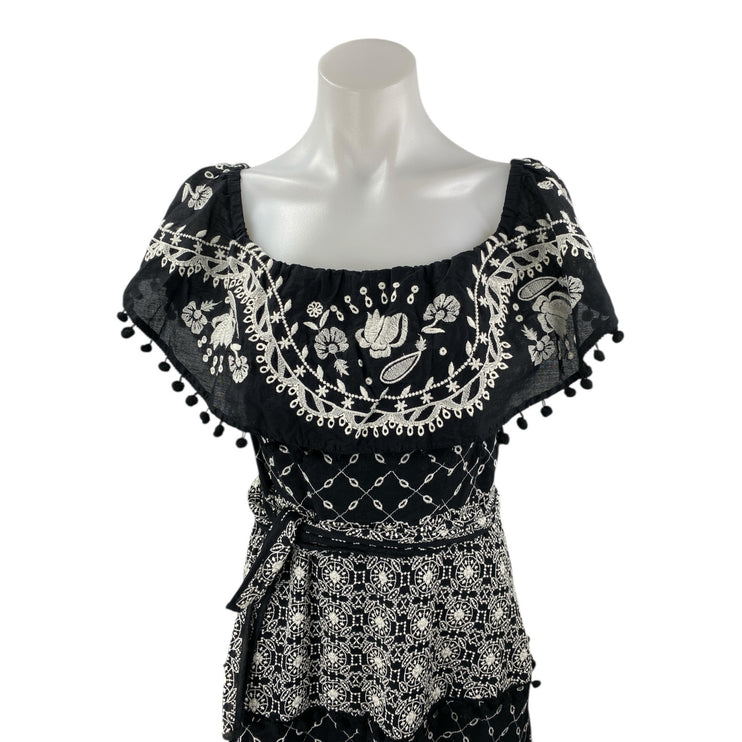 Anthropologie Marisol Black Off The Shoulder Embroidered Tie Waist Midi Dress 4