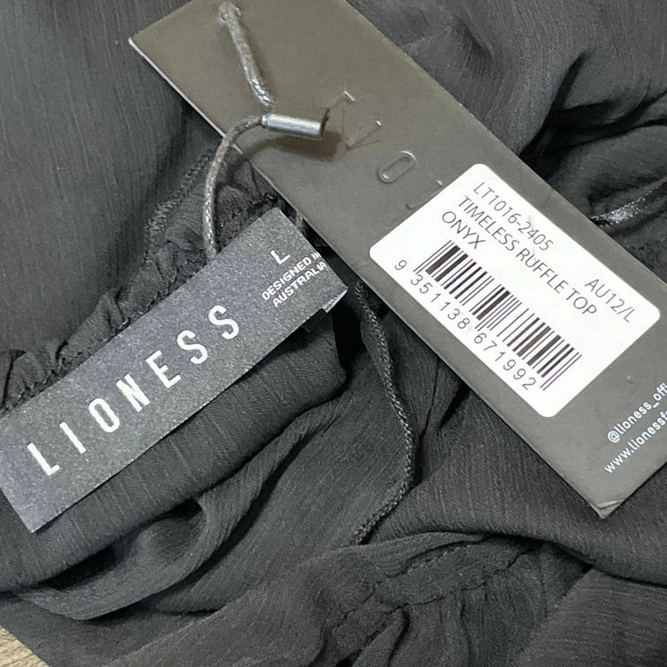 NEW Lioness Timeless Ruffle Black Sheer Mesh Scoop Neck Ruffle Blouse Top Sz L