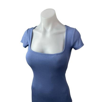 See You Monday Blue Ribbed Knit Short Sleeve Square Neck Midi Bodycon Dress S