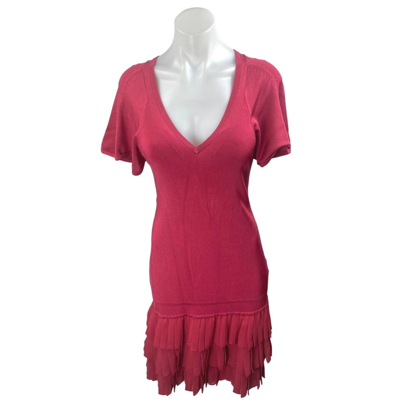 Karen Millen Red Knit Short Sleeve V Neck Tiered Ruffle Mini Bodycon Dress Sz 3 Karen Millen Red Knit Short Sleeve V Neck Tiered Ruffle Mini Bodycon Dress Sz 3