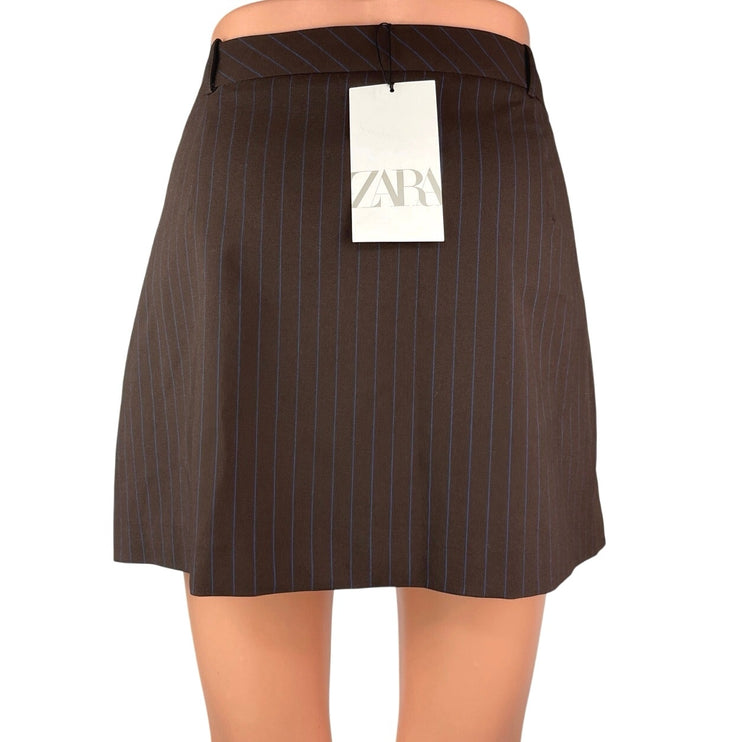 NEW Zara Women's Brown Blue Pinstriped High Waisted Casual Mini Skirt Size L