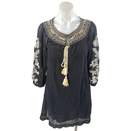 NEW Shyanne Black Floral Embroidered Tassel 3/4 Sleeve Mini Tunic Shift Dress XS